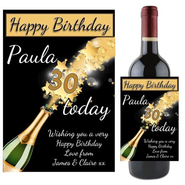 Personalised Champagne Starburst Happy Birthday Wine / Champagne Bottle Label N66 - Any Age
