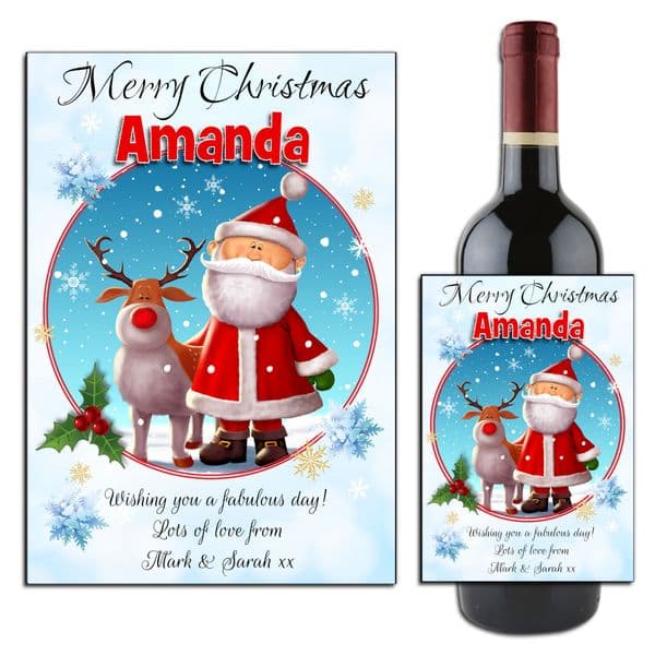 Personalised Christmas Santa & Reindeer Wine / Champagne Bottle Label N159