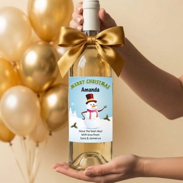Personalised Christmas  Snowman Wine or Champagne Bottle Label N167