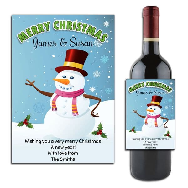Personalised Christmas Snowman Wine or Champagne Bottle Label N167
