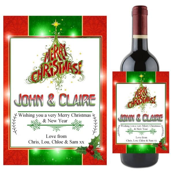 Personalised Christmas Tree Wine Champagne Bottle Label N80- Gift Idea