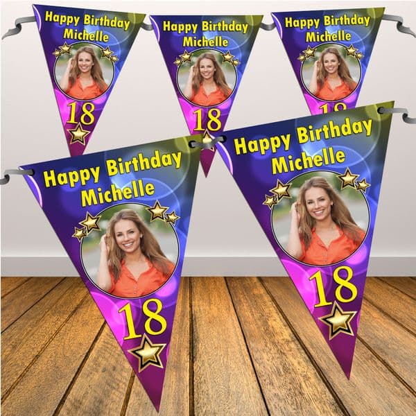 Personalised Coloured Bubbles Happy Birthday Flag PHOTO Bunting Banner - N36 ANY AGE