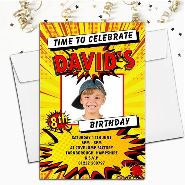 Personalised Comic Style Birthday Party PHOTO Invitations N227 Any Age