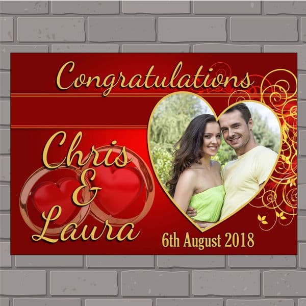 Personalised Congratulations Wedding Engagement Anniversary Party PHOTO Poster Banner N150 Red & Gold Swirls