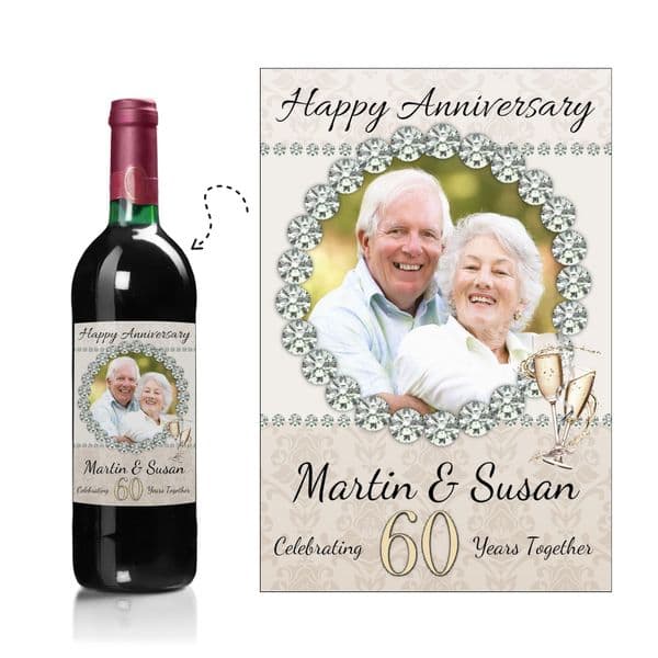 Personalised Diamond 60th Wedding Anniversary PHOTO Wine / Champagne Bottle Label N92