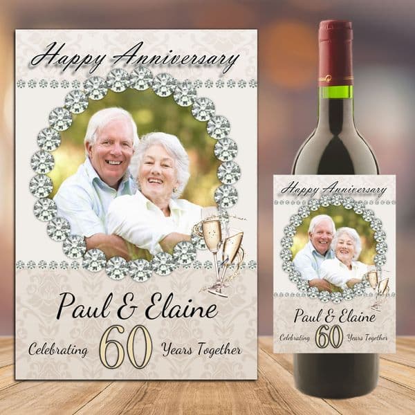 Personalised Diamond 60th Wedding Anniversary PHOTO Wine / Champagne Bottle Label N92