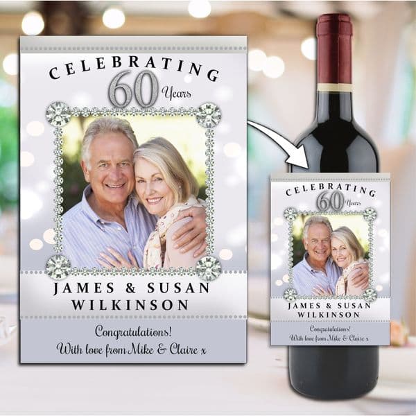 Personalised Diamond 60th Wedding Anniversary PHOTO Wine / Champagne Bottle Label Sticker N197