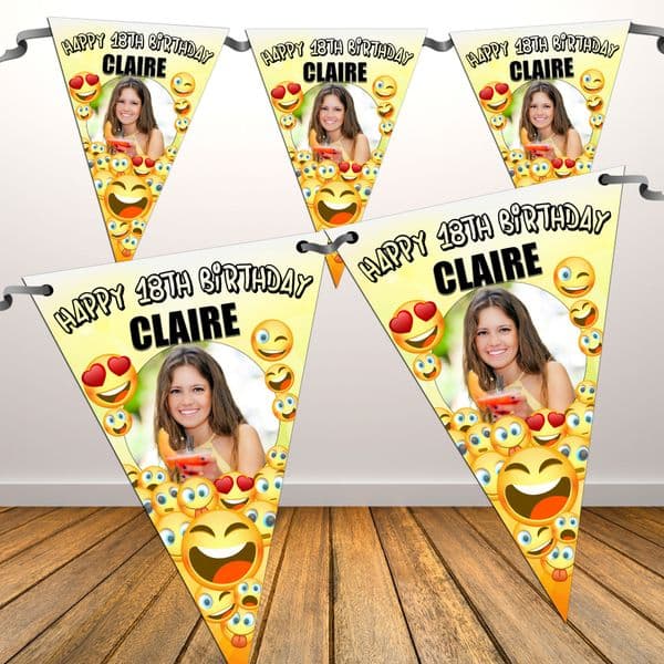 Personalised EMOJI Happy Birthday Flag PHOTO Bunting Banner - N81 ANY AGE