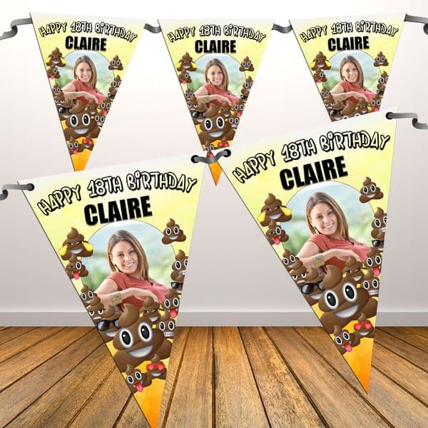 Personalised EMOJI POO Happy Birthday Flag PHOTO Bunting Banner - N82 Girls Boys ANY AGE