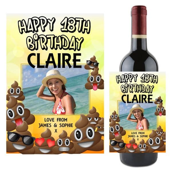 Personalised EMOJI POO Happy Birthday Wine / Champagne Bottle PHOTO Label N113