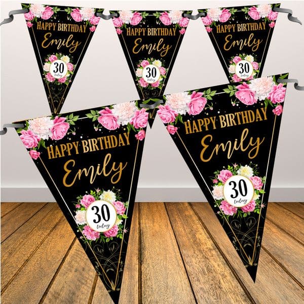 Personalised Floral Happy Birthday Flag Bunting Banner - N90