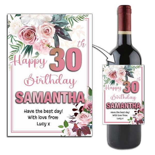 Personalised Floral Happy Birthday Wine / Champagne Bottle Label N195 - Any Age