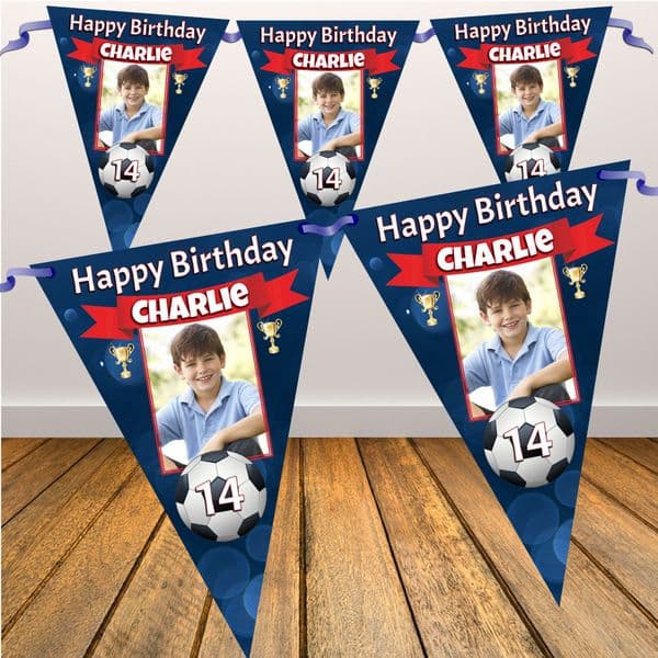 Personalised Football Happy Birthday Flag PHOTO Bunting Banner - N107 Any Age