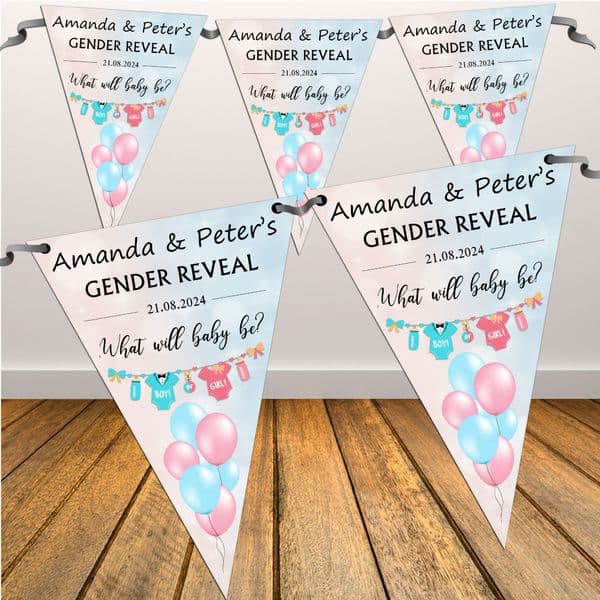 Personalised Gender Reveal Baby Shower Flag Bunting Banner Decoration - N109