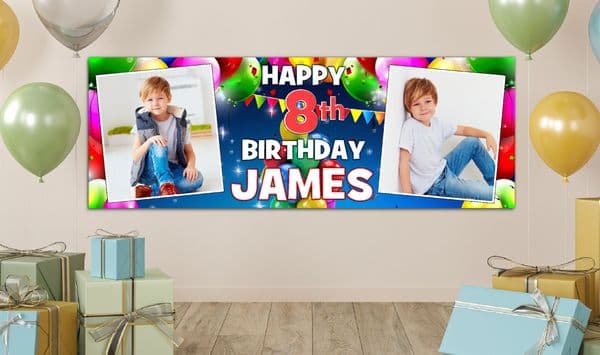 Personalised GIANT Large Balloons & Bunting Happy Birthday PHOTO Poster Banner N34 ANY AGE