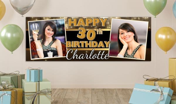 Personalised GIANT Large Black & Gold Sparkle Happy Birthday PHOTO Poster Banner N5 ANY AGE