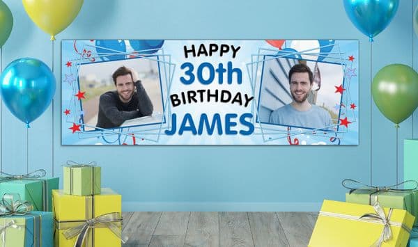 Personalised GIANT Large Blue Boys Happy Birthday PHOTO Poster Banner N38 ANY AGE