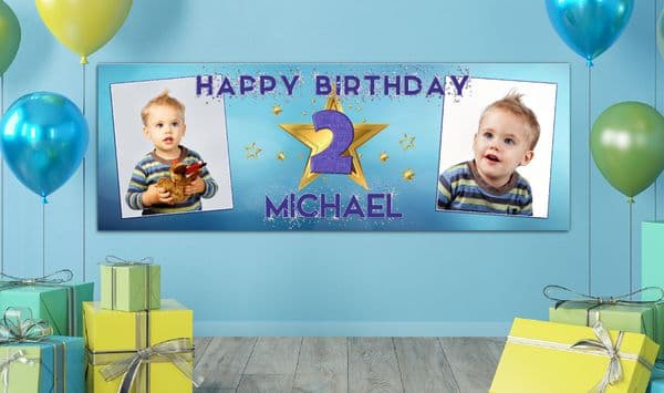 Personalised GIANT Large Blue & Gold Star Boys Happy Birthday PHOTO Poster Banner N63 ANY AGE