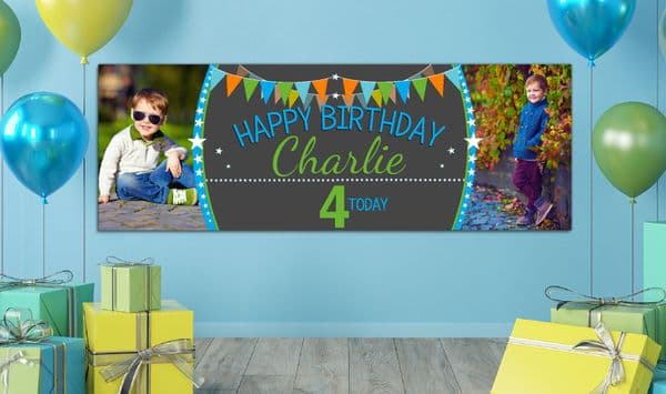 Personalised GIANT Large Boys Bunting & Balloons Happy Birthday PHOTO Poster Banner N55 ANY AGE