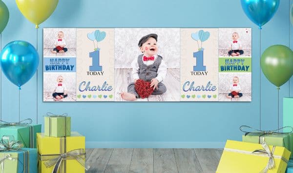 Personalised GIANT Large Boys Heart Balloons Happy Birthday PHOTO Poster Banner N70 ANY AGE