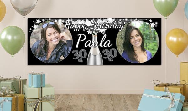 Personalised GIANT Large Champagne Silver Star Burst Happy Birthday PHOTO Poster Banner N52