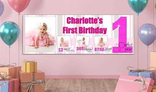 Personalised GIANT Large Girls 1st First Happy Birthday PHOTO Poster Banner N61 One Perfect Year