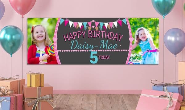 Personalised GIANT Large Girls Bunting & Balloons Happy Birthday PHOTO Poster Banner N54 ANY AGE