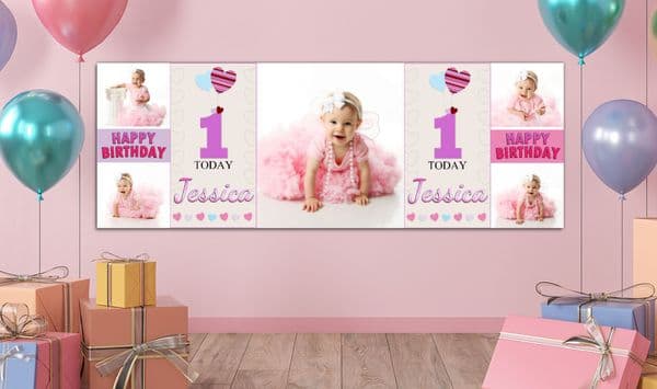 Personalised GIANT Large Girls Heart Balloons Happy Birthday PHOTO Poster Banner N69 ANY AGE