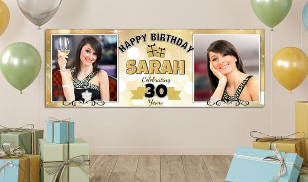 Personalised GIANT Large Gold Sparkle Happy Birthday PHOTO Poster Banner N26 ANY AGE