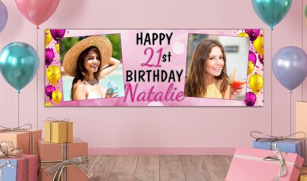 Personalised GIANT Large Pink Balloons Happy Birthday PHOTO Poster Banner N42 ANY AGE