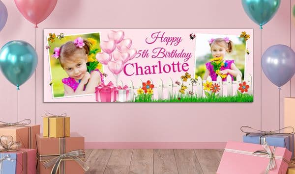 Personalised GIANT Large Pink Girls Butterfly Garden Happy Birthday PHOTO Poster Banner N82 ANY AGE