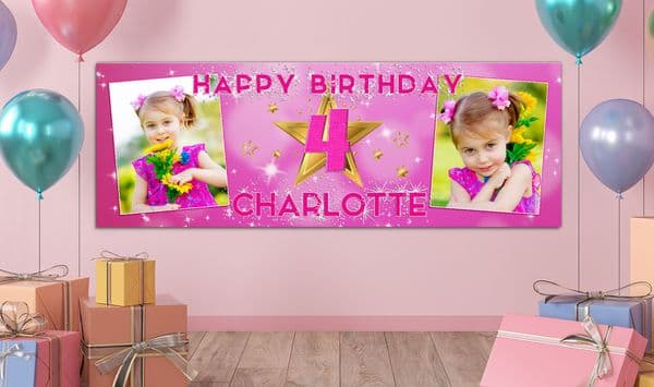 Personalised GIANT Large Pink & Gold Star Girls Happy Birthday PHOTO Poster Banner N64 ANY AGE