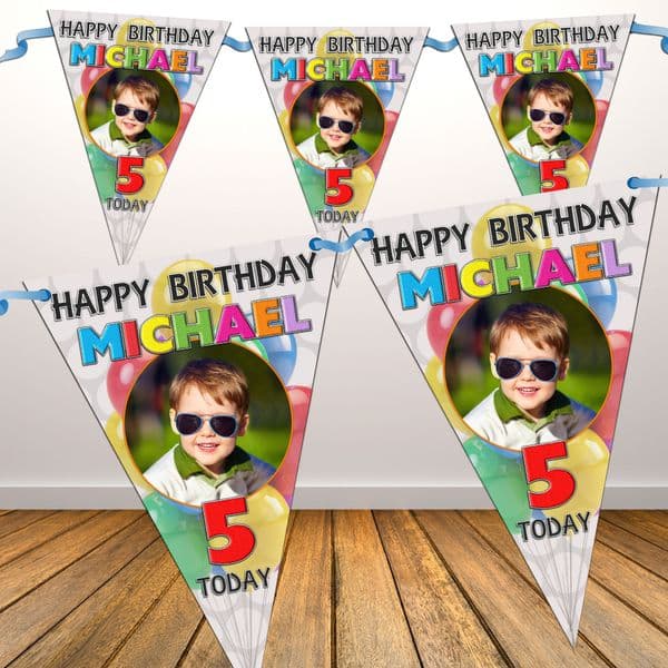 Personalised Girls Boys Balloons Happy Birthday Flag PHOTO Bunting Banner - N72 ANY AGE