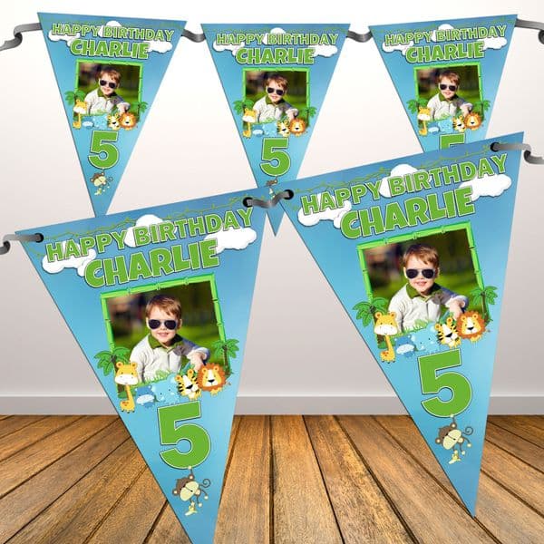 Personalised Girls Boys Jungle Animals Happy Birthday Flag PHOTO Bunting Banner - N80 ANY AGE