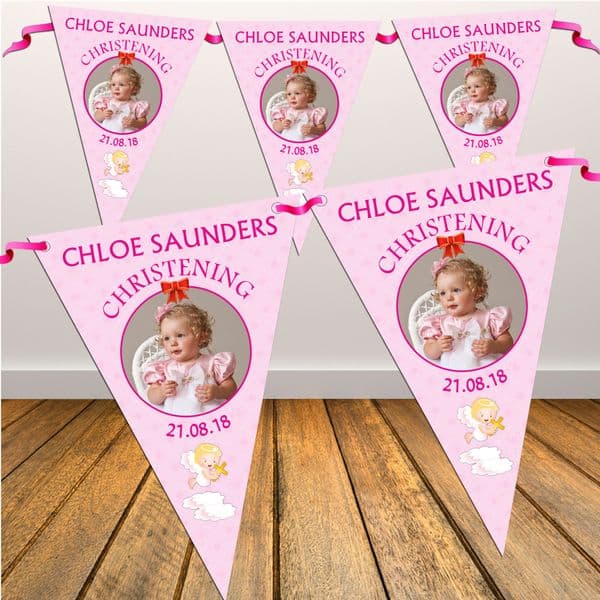 Personalised Girls Christening Baptim Day PHOTO Flag Bunting Banner - N4