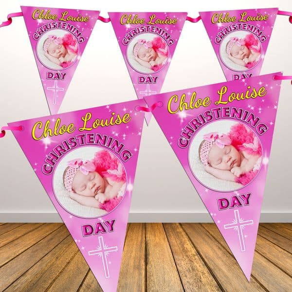 Personalised Girls Christening Baptism Flag PHOTO Bunting Banner - N37