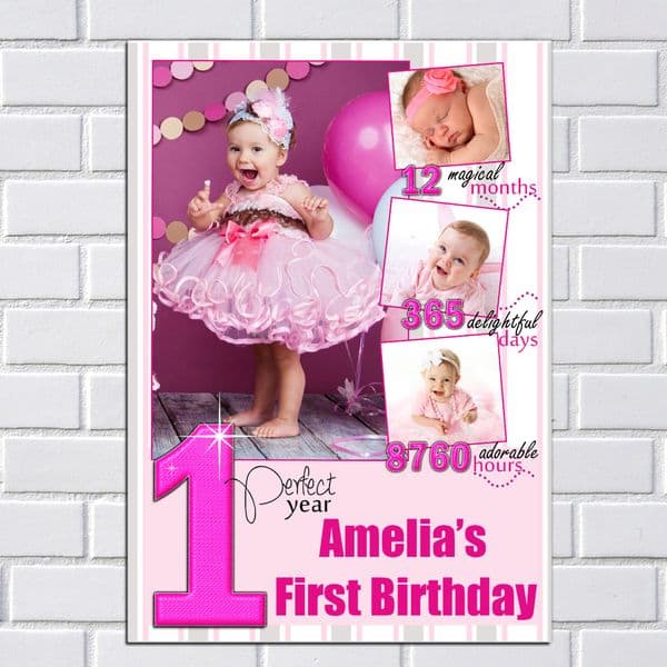 Personalised Girls First 1st Happy Birthday Party PHOTO Poster Banner N128 - 1 Perfect Year