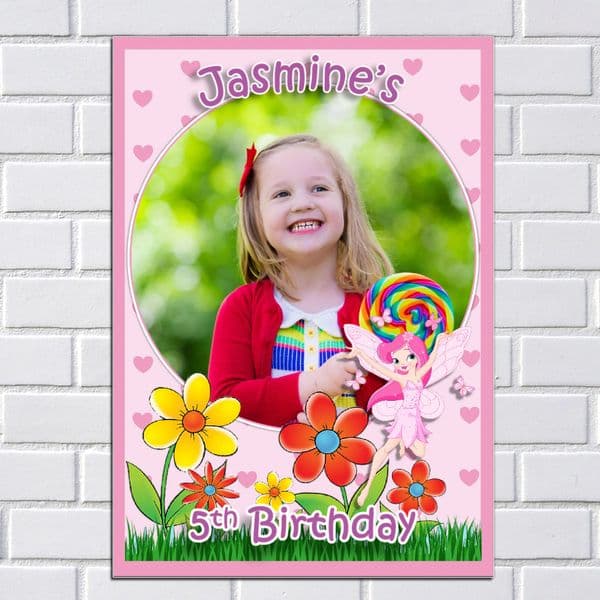 Personalised Girls Flower Fairy Happy Birthday Party PHOTO Poster Banner N37