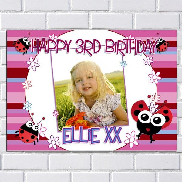 Personalised Girls Flower Ladybirds Happy Birthday Party PHOTO Poster Banner N44