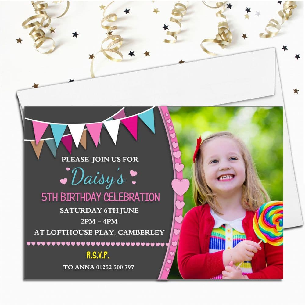 Personalised Girls Hearts & Bunting Birthday Party PHOTO Invitations N211