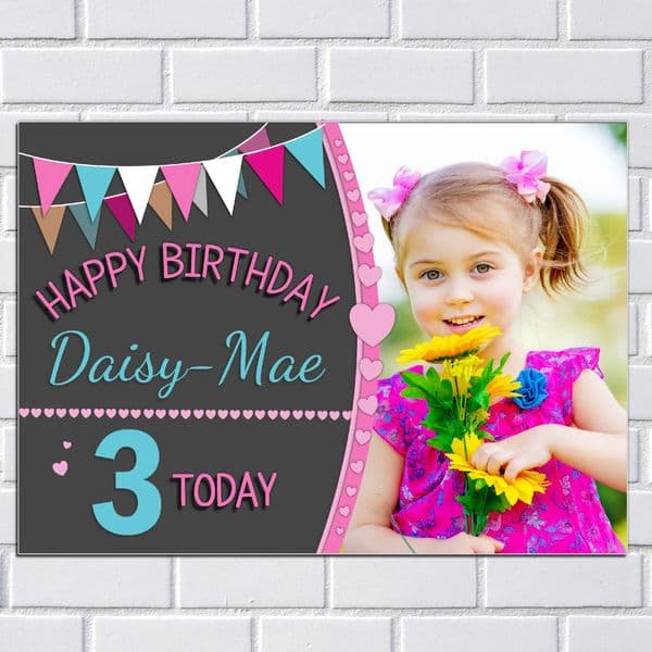Personalised Girls Hearts & Bunting Happy Birthday Party PHOTO Banner Poster N107