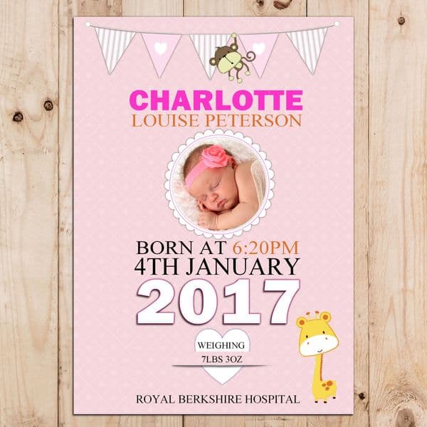 Personalised Girls Pink Birth Announcement Poster Banner Print N61