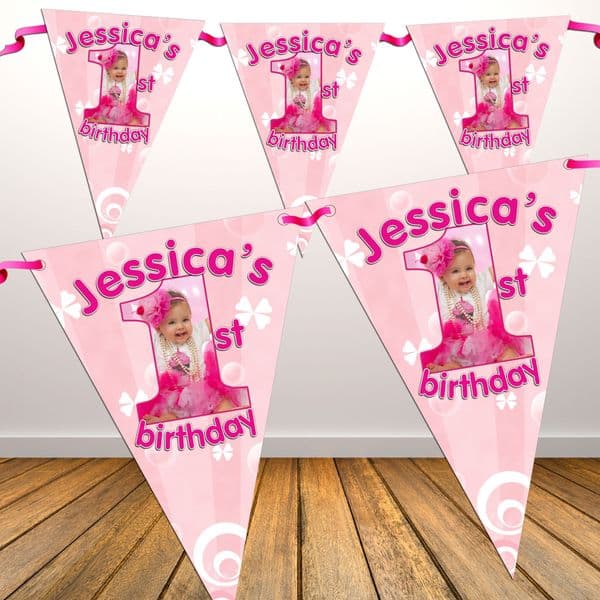 Personalised Girls Pink First 1st Birthday Flag PHOTO Bunting Banner - N19