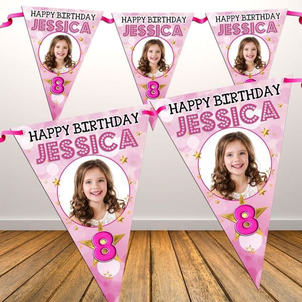 Personalised Girls Star Sparkle Happy Birthday Flag PHOTO Bunting Banner - N78 ANY AGE