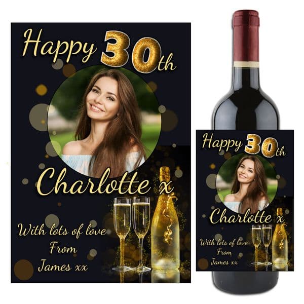 Personalised Gold Glitter Happy Birthday Wine / Champagne Bottle PHOTO Label N99 - Any Age