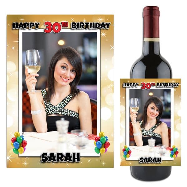 Personalised Gold Sparkle Happy 18th 21st 30th 40th 50th Birthday Wine / Champagne Bottle PHOTO Label N87 - ANY AGE!