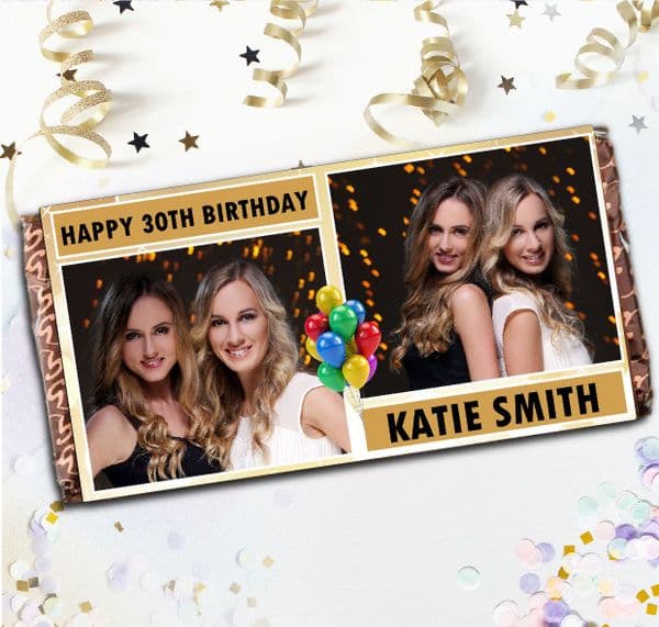 Personalised Gold Sparkle Happy Birthday 110g Chocolate PHOTO Bar - Gift N78
