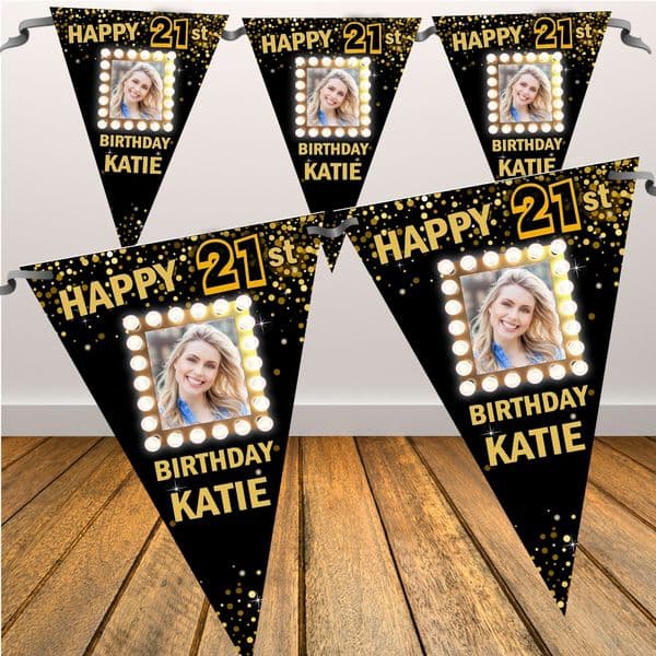 Personalised Gold Sparkle Happy Birthday Flag PHOTO Bunting Banner - N76 ANY AGE
