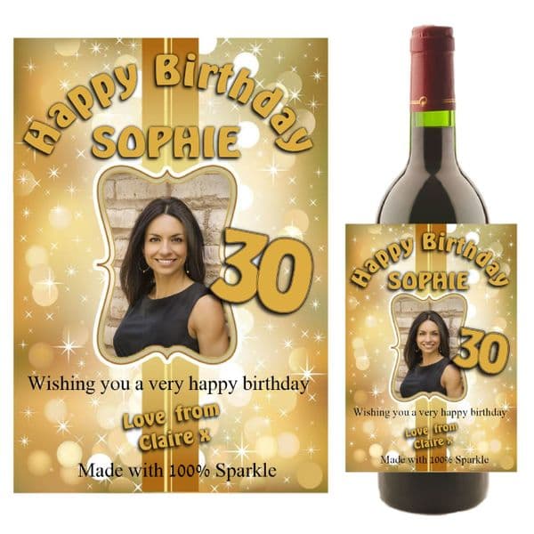 Personalised Gold Sparkle Happy Birthday Wine / Champagne Bottle PHOTO Label N20