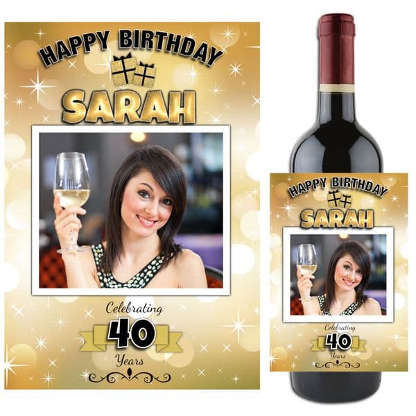 Personalised Gold Sparkle Happy Birthday Wine / Champagne Bottle PHOTO Label N88 - ANY AGE!